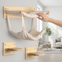 Cat Climbing Frame with Wall Mounted Bed and Textile Hammock, Solid Wood Five-Tier Perch for Large Indoor Cats