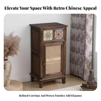 Rattan Door Console Modern Chinese Design Accent Cabinet with Woven-Panel Doors Vintage Aesthetic Multi-Functional for Entryway