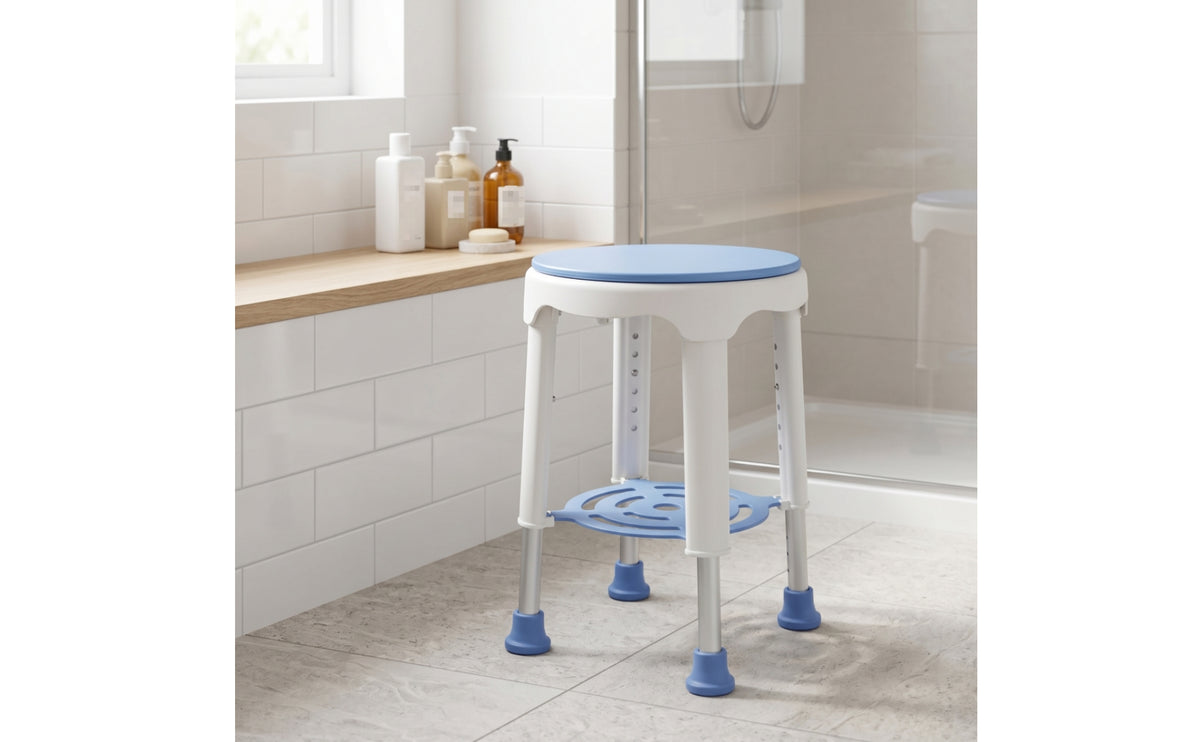 Rotating Bath Stool 360° Rotation Swivel Shower Stool Non-Slip Shower Chair with Shelf for Seniors, Washroom