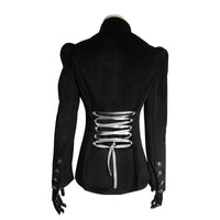 Punk Gothic Women's Long Coat Jacket with Black Embroidered Flowers and Court Lantern Sleeves