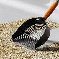 Wooden Handle 10th Gen Stainless Steel Silver Slotted Round Hole Cat Litter Scooper, 10th Gen Upgraded Carbon Steel Grey Slotted Round Hole Tool