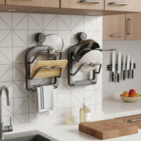 Multi-Functional Dual Tier Kitchen Storage Rack Space Saving Suction Cup Pot Lid Holder Sturdy No Drill Pot Lid Organizer Waterproof