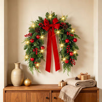 Christmas Wreath Festive Christmas Wreath with Bow Pre-Decorated Decorations for Homeowners, Decorators, Front Door, Wall, Window
