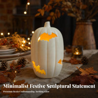 Flat White Pumpkin with Nocturnal Mammal | Compact 15cm Height, Light-up Pumpkin, for Table