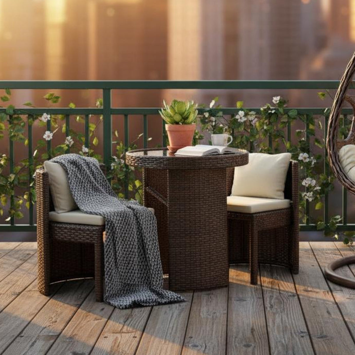 3 Pieces Balcony Furniture Set Space-Saving Design Wicker Balcony Conversation Set Weather-Resistant Rattan Table and Chairs for Terrace, Garden