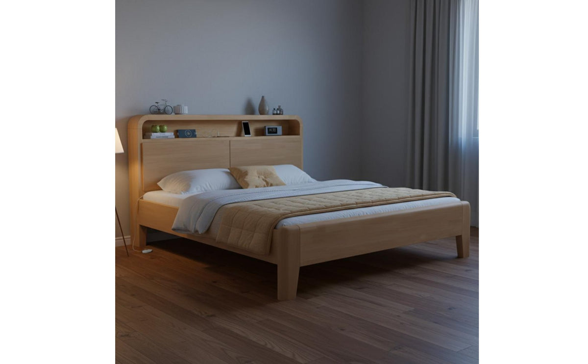 Nordic Style Wooden Bed Solid Wood Construction High Leg Bed Frame Rounded Corners for Guest Room