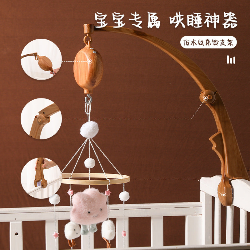 Newborn Crib Mobile Bracket with Music Box, Wood Grain Finish, Adjustable Height, Foldable