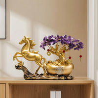 Horse Figurine with Money Tree Feng Shui Horse Statue with Wealth Vessel Good Luck for Homeowners, Collectors, Living Room, Entryway