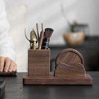 Walnut Wood Tea Set with Six Pieces and Coasters
