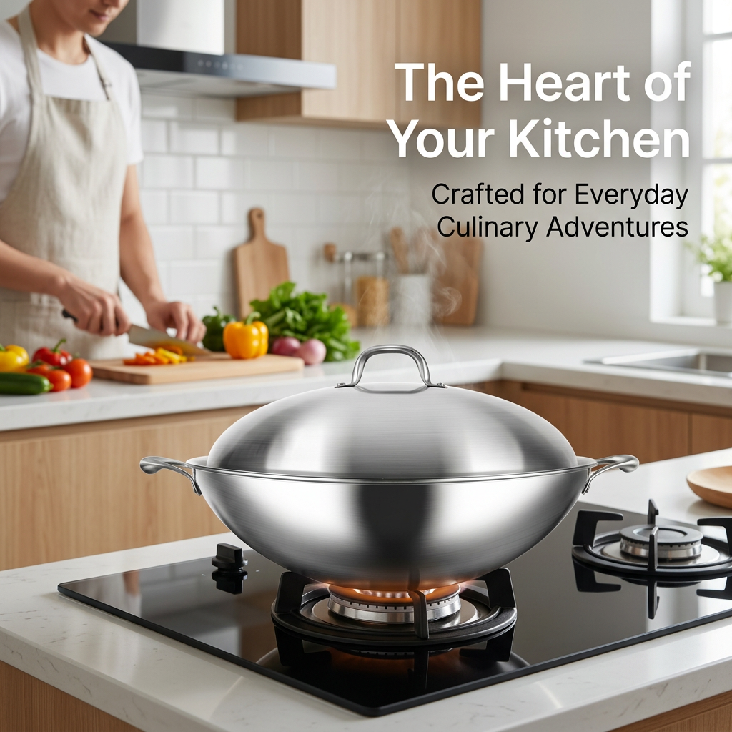 Stainless Steel Wok with Lid, 316 Steel Wok Uncoated for Gas Cooktop, Double Handle Chinese Wok, Rustproof Cooking Pot, Steamer Basket