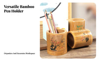 Bamboo Pen Holder Carving Round Bamboo Organizer Versatile Chinese Design Stationery Holder for Calligraphers, Artists