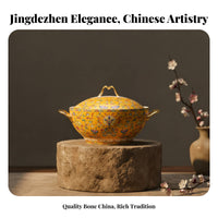 Elegant Bone China Bowl, Gold Rim Enamel, Chinese Style Dinnerware Set, Household Gift, Large and Small Bowls, Soup Pasta Bowl