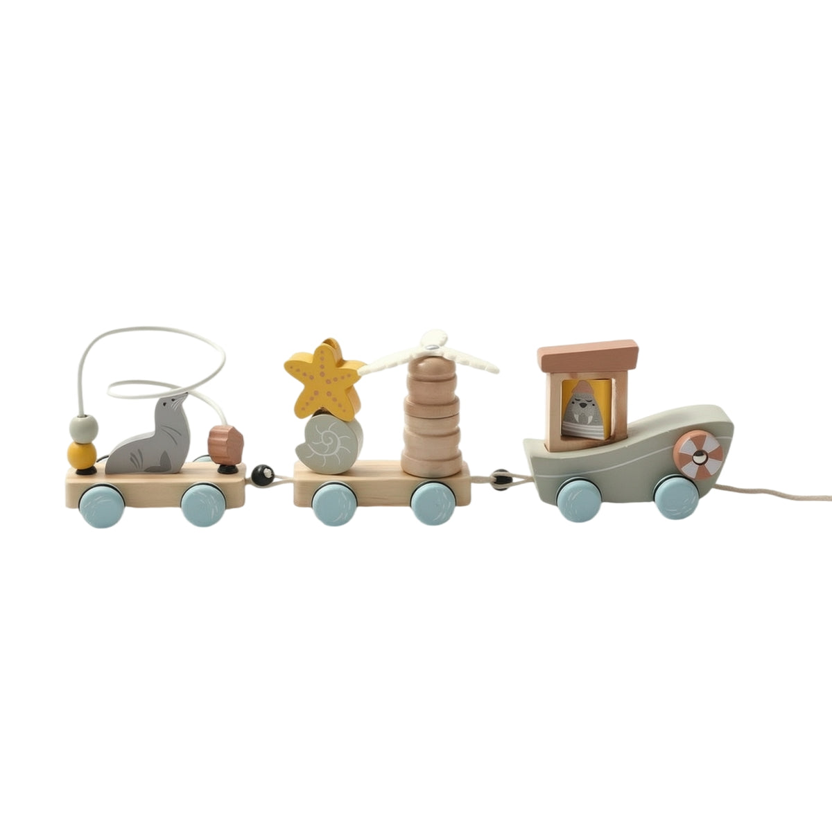 Brightly Painted Wooden Pull Train Rolling Animal Pull Toy Classic Wooden Train with Wheels Educational for Playroom