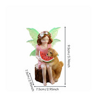 Fairy Eating Watermelon Ornament Whimsical Design Mystical Maiden and Canine Statue Glow in the Dark for Gardeners