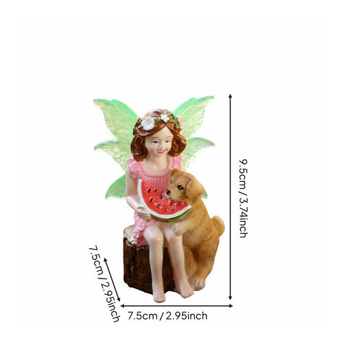 Fairy Eating Watermelon Ornament Whimsical Design Mystical Maiden and Canine Statue Glow in the Dark for Gardeners