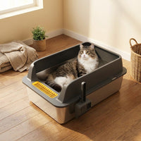 Stainless Steel Cat Litter Tray with High Sides, Open Pan with Ladle, Easy Indoor Multi-Cat Home Solution