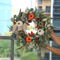 Artificial Pumpkin Wreath with Lamb's Ear Leaves for Fall Thanksgiving Christmas