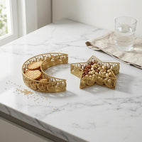 2 Pieces Gold-Colored Perforated Metal Tray Set Mosque-Style Pattern Crescent Moon Tray Hollow-Sided Crescent Moon Platter Decorative