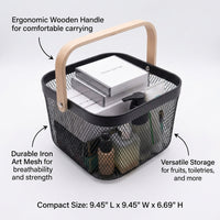 Bathroom Storage Basket with Wooden Handle for Kitchen and Fruit Organization, Stainless Steel Mesh for Vegetables, Nordic Organizer