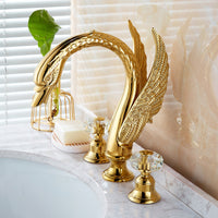 European Style Gold Swan Three-Hole Basin Faucet with Crystal Handle