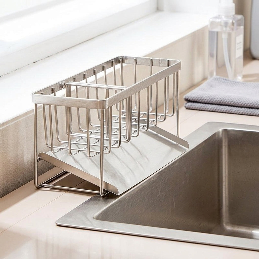 Kitchen Sink Organizer Stainless Steel Sponge Rack [Sloped Drainage] with Classification Tube and Rag Rod, Countertop Storage Rack Sink Tidy