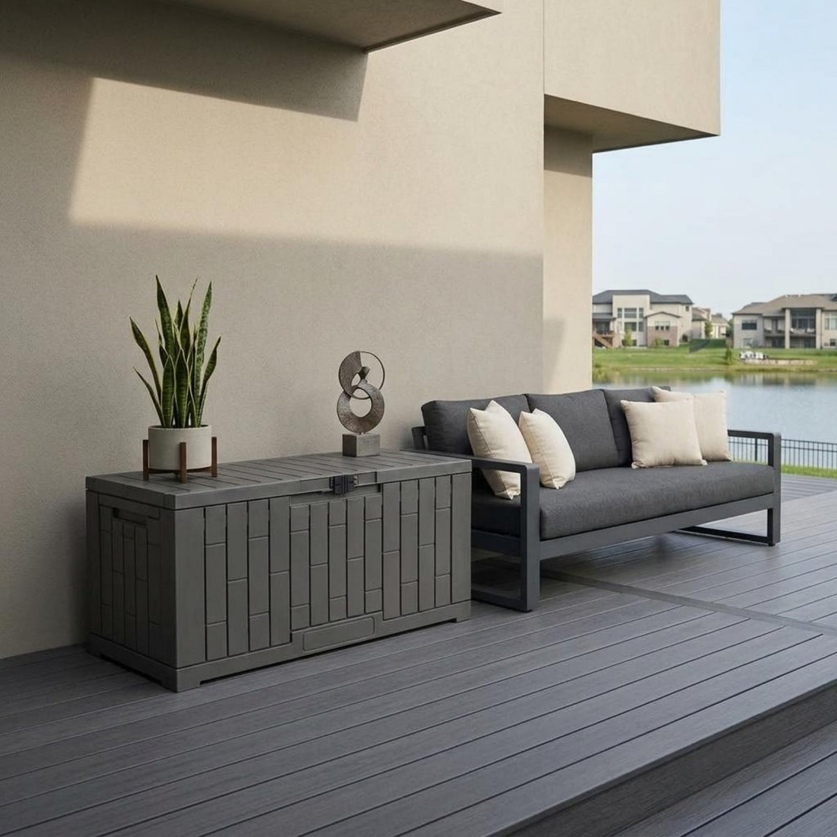 Resin Outdoor Storage Chest Rectangular Outdoor Storage Box Hinged Lid Lockable Container for Patio, Garden, Poolside