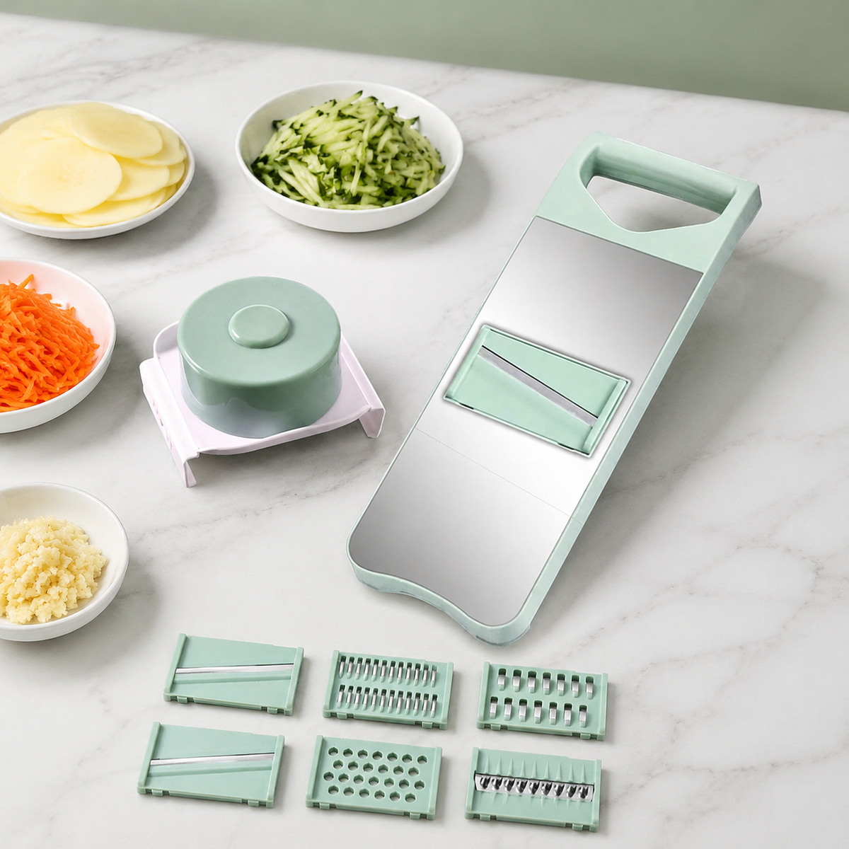 Mandoline Vegetable Slicer, Robust Vegetable Cutter with Hand Guard, 29.5x20x9cm Kitchen Grater for Precise Slices, Seafoam