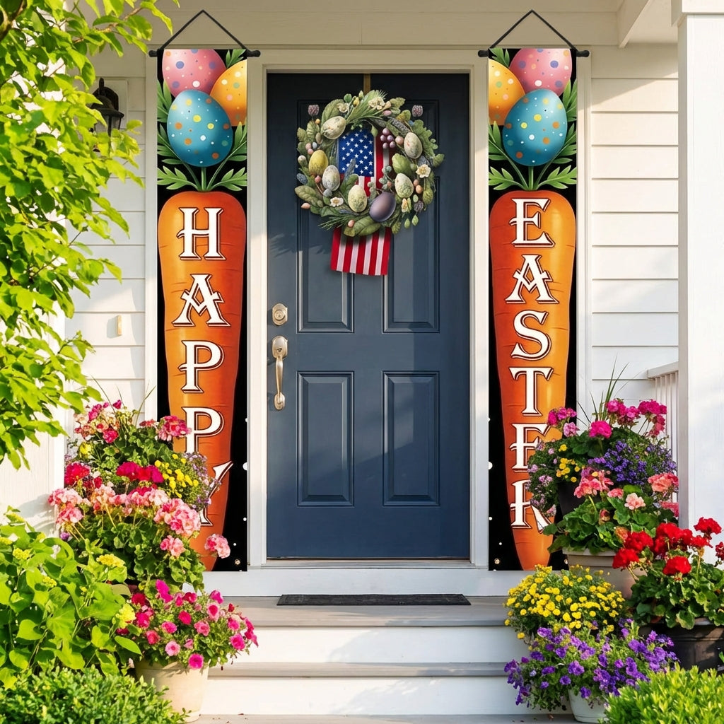 2 Pieces Easter Signs Happy Easter Egg Hanging Flags Spring Easter Decor for Families, Party Planners, Entryway, Yard