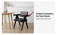 Upholstered Armchair with Cane Flanks Artisanal Rattan Mesh V-Leg Woven Armchair Sturdy Wood Construction Natural Design