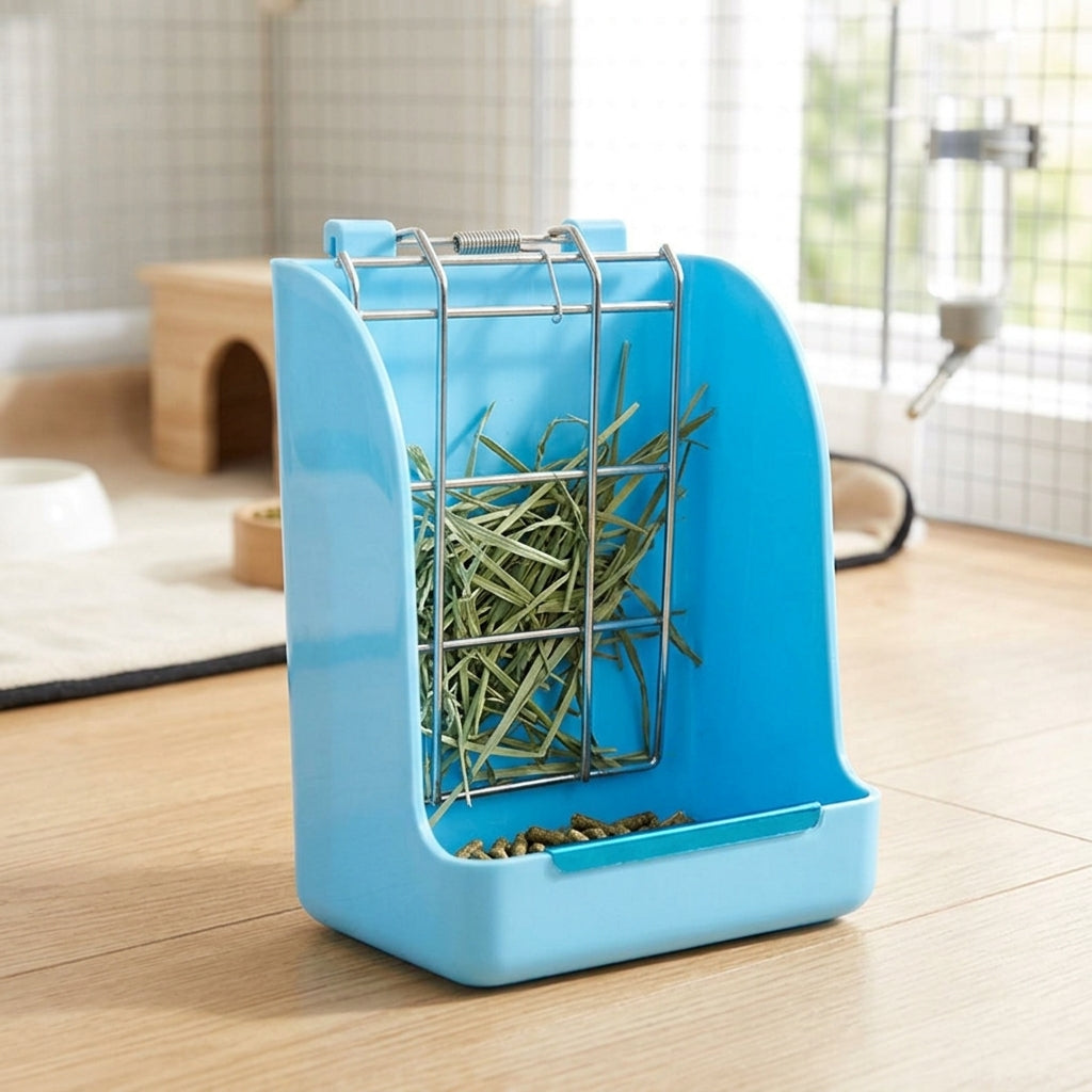 Spring Loaded Feeder Bunny Hay Feeder with Grid Hay Rack for Wire Cages, Easy Cleaning Hay Feeder for Small Pet Enclosures