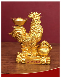Golden Rooster Wealth Figurine with Gold Ingot, Desk Decor