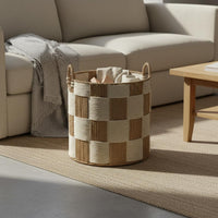 Woven Laundry Hamper Handwoven Round Blanket Basket Sturdy Handles Checkered Storage Bin for Living Room