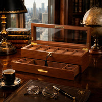 Two-Tier Watch Box Divided Compartments Glass Lid Watch Box Gold-Tone Hardware Rectangular