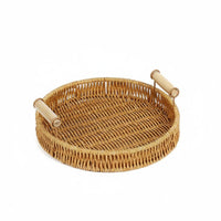 Woven Tray with Wooden Handles Versatile Faux Rattan Serving Platter Great Gift Idea Round Bread Basket for Kitchen, Dining Table, Living Room