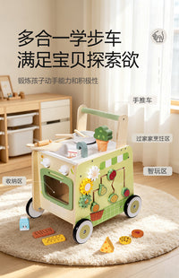 Wooden Multi-Functional Kitchen Walker Toy for Toddlers, Early Education Push Cart