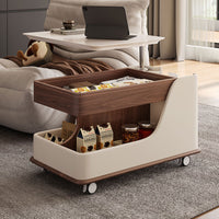 Mobile Sofa Table with Storage Lift Adjustable Surface Side Table Snack Cart C-shaped Base Sintered Stone Top Solid Wood Frame with Wheels Suitable for Adults Bedroom Living Room Home Office Compact Spaces