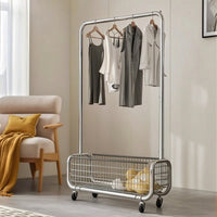 Floor-Standing Clothes Rack with Basket Space-Saving Rolling Clothes Rack Stable Furniture Heavy-Duty for Entryway, Boutique