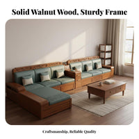 Solid Wood Storage Sofa Four-Season Use Chinese Design Couch Set Dense Foam Walnut Sectional Couch for Families, Adults, Home Entertainment Space