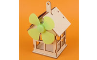 Natural Wood Solar Powered Wooden House Model Green Fan Wooden Model House Kit Pitched Roof Learning Toy Accessible Window Cutouts