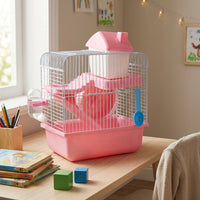 Hamster Cage and Syrian Hamster Habitat, 2-Tier Square Cartoon Style Golden Hamster Cage, Beginner Small Hamster Set for Indoor Use