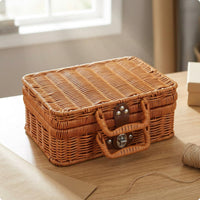 Woven Suitcase Box Top Handle Rattan Storage Box Brown for Gifting
