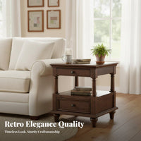 Hardwood Wood double-level Square Stand USA-inspired Country design Side Table Walnut Color Household Furniture Multipurpose Use for Apartment Dwellers, Interior Decorators, Living Room, Bedroom, Entryway, Office