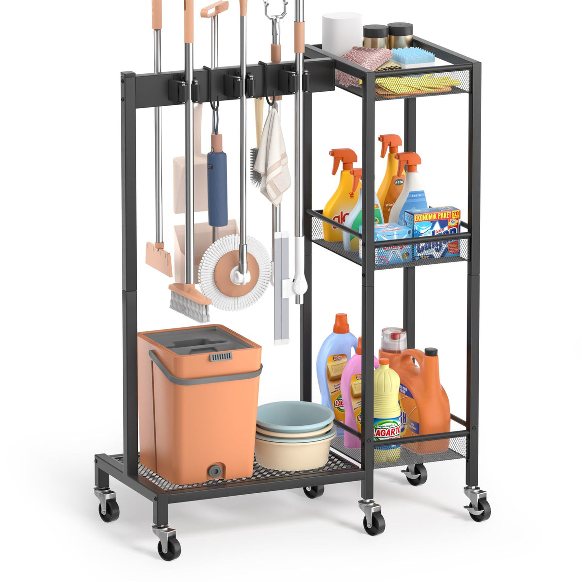 Iron 3-Tier Rolling Cleaning Tool Storage Rack with Wheels for Garage and Living Room
