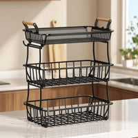 3-Tier Fruit Basket Wire Mesh Three-Tier Fruit Basket Stable Kitchen Organizer with Hooks for Pantry