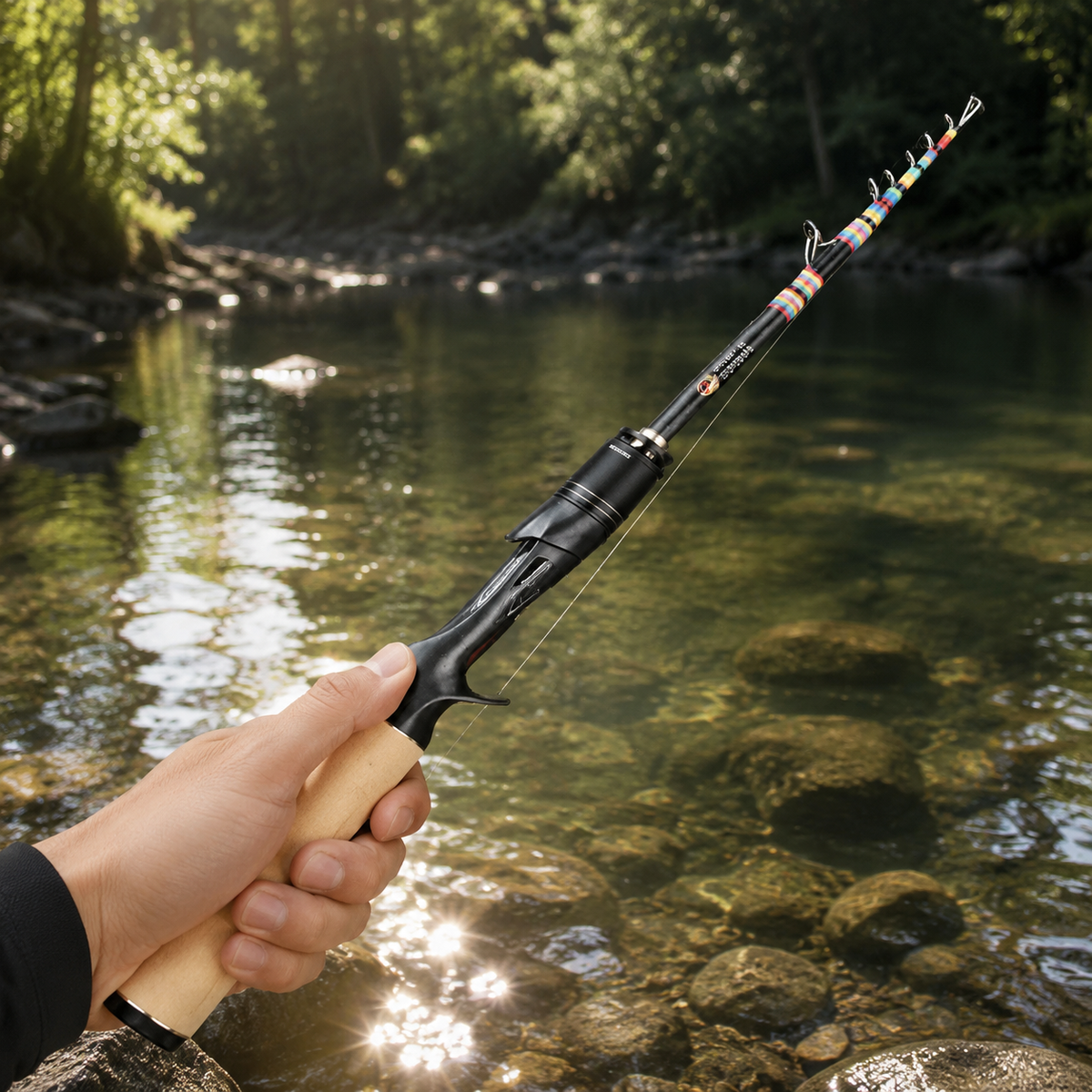 Carbon Fiber Telescopic Fishing Rod, 1.65m Lure Rod Fast Low Power for Saltwater Fishing, Matte Black Cork Silver Travel