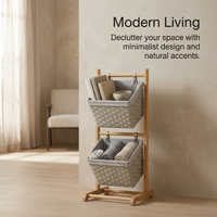 Baskets with Wooden, Storage Organiser for Home Decluttering, Tiered Storage Shelf for Apartment, En - Image 4