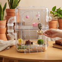Multi-Layer Hamster Cage with External Tubes, Transparent Acrylic 3 Tier Structure, Deluxe Enclosure for Syrian Hamsters Includes Accessories