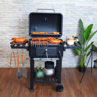 Barbecue Grill with Side Shelves Curved Lid Black Barbecue Grill Chimney Vent Outdoor Cooking for Backyard