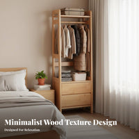 Wooden Coat Rack with Drawers Solid Wood Standing Clothes Stand Multi-functional Organizer with Shelves and Hanging Rod Suitable for Renters Hallway Office Bedroom Entryway