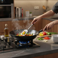 Nitrided Iron Pan Nitriding Treated Flat Bottom Wok Handmade Uncoated Iron Wok for Home Cooks, Gas Stoves